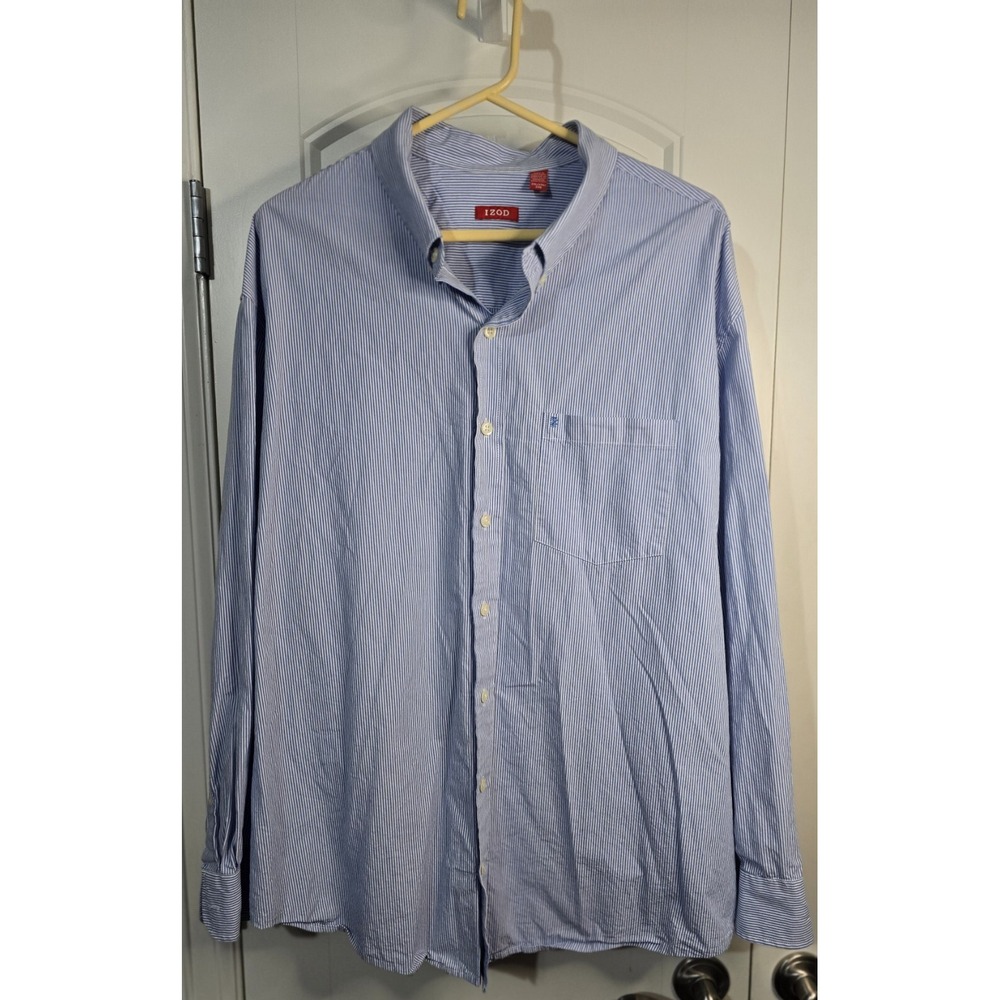 IZOD Mens 2XL Blue White Pinstripe Button Down Shirt Long Sleeve Cotton Blend